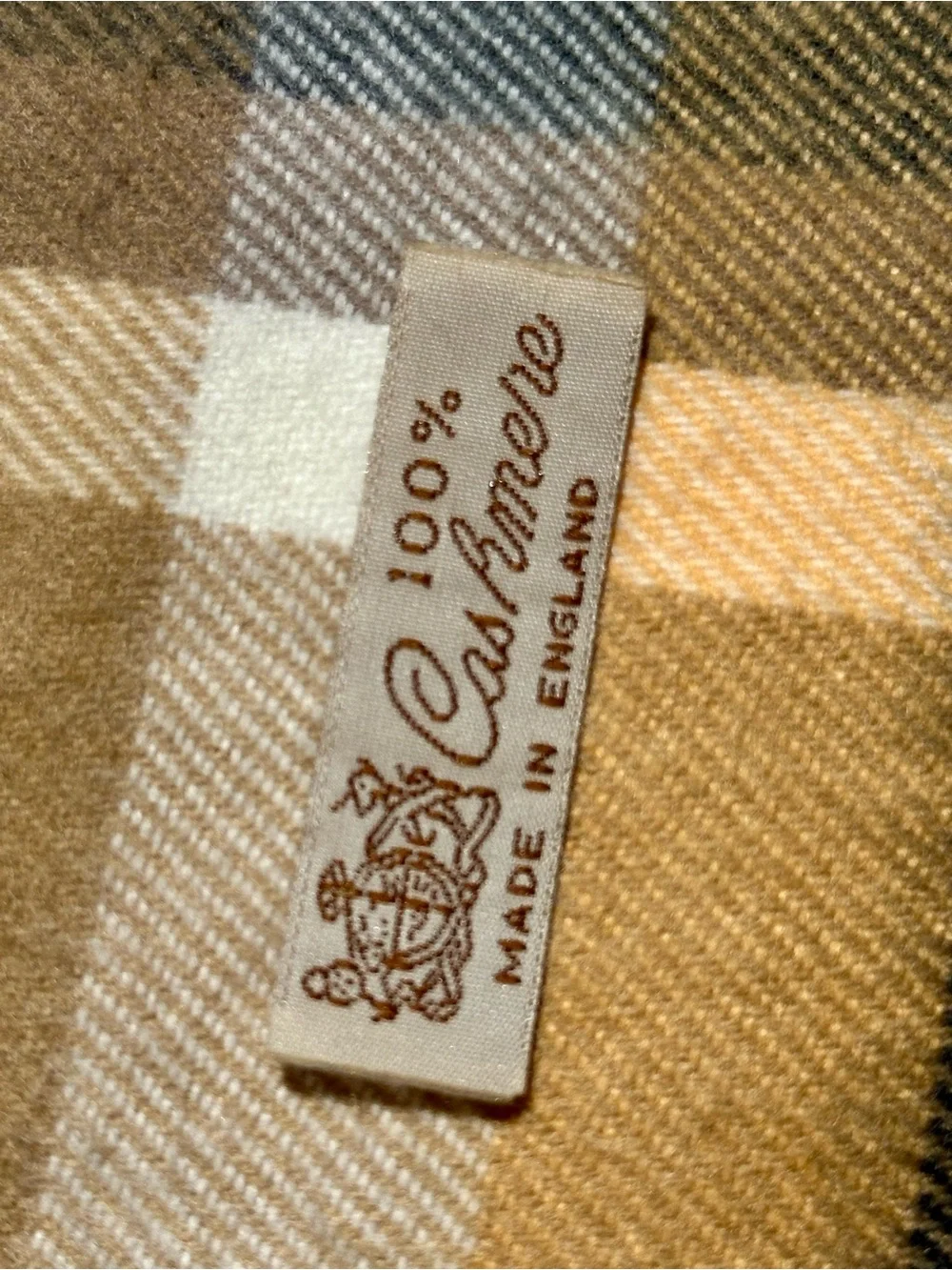 Vintage 100% Cashmere Scarf Made in England – Camel Windowpane Plaid – Unbranded